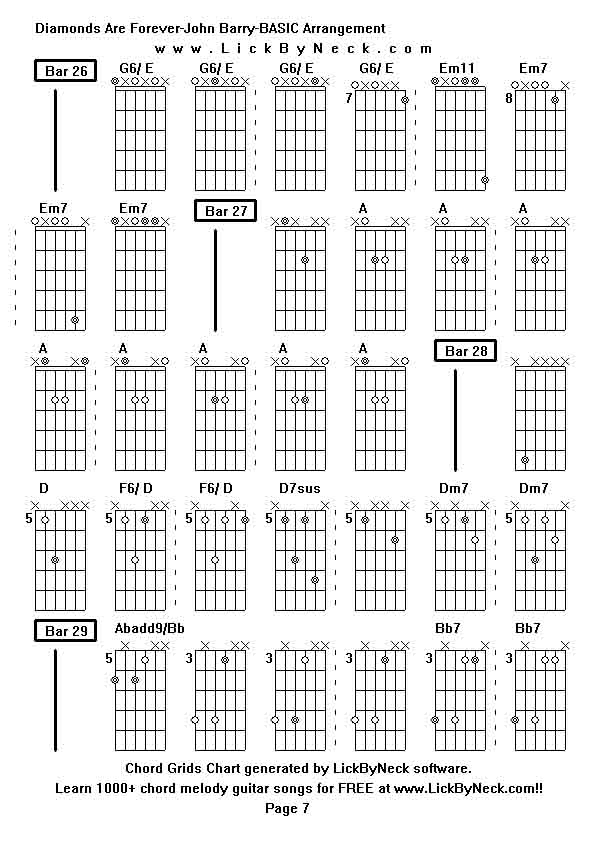 Chord Grids Chart of chord melody fingerstyle guitar song-Diamonds Are Forever-John Barry-BASIC Arrangement,generated by LickByNeck software.